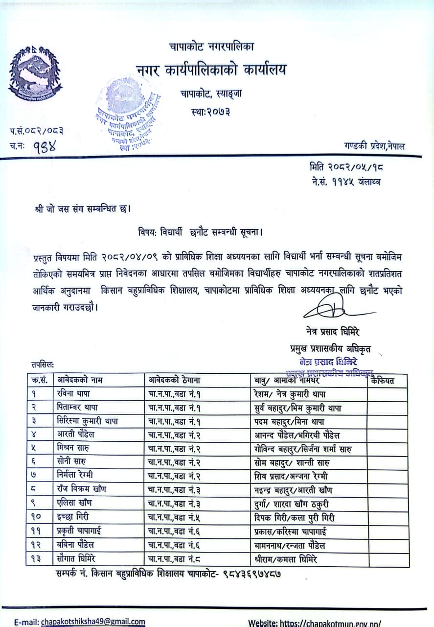 Notice regarding internship program